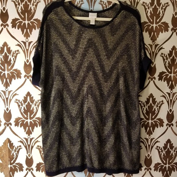 CHICOS Michelle Pullover Sweater LIGHTWEIGHT Knit Navy Metallic Zig Zag Womens 3 - Picture 1 of 5